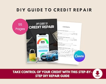 Peut inclure: Un guide de réparation de crédit intitulé "DIY Guide to Credit Repair" avec le texte "Prenez le contrôle de votre crédit avec ce guide de réparation DIY étape par étape". Le guide contient 55 pages et affiche un score de crédit de 805.