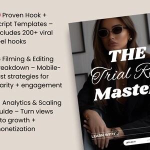 Op de afbeelding: Afbeelding van een vrouw met een zonnebril en een zwarte blazer. De tekst "THE Trial Reel Mastery" staat in witte cursieve letters. Extra tekst omvat "Proven Hook + Script Templates", "Filming & Editing Breakdown" en "Analytics & Scaling Guide".
