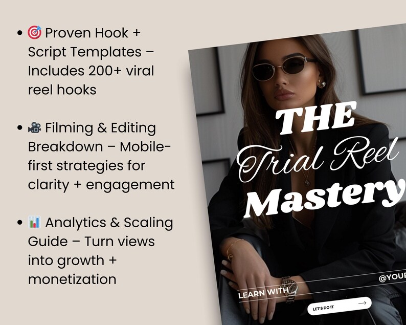 Op de afbeelding: Afbeelding van een vrouw met een zonnebril en een zwarte blazer. De tekst "THE Trial Reel Mastery" staat in witte cursieve letters. Extra tekst omvat "Proven Hook + Script Templates", "Filming & Editing Breakdown" en "Analytics & Scaling Guide".