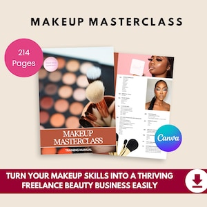 Może przedstawiać: Podręcznik szkoleniowy do masterclass wizażu zatytułowany "MAKEUP MASTERCLASS". Podręcznik ma 214 stron i zawiera zdjęcia pędzli do makijażu, palet i modelek. Widoczny jest również tekst "TURN YOUR MAKEUP SKILLS INTO A THRIVING FREELANCE BEAUTY BUSINESS EASILY".