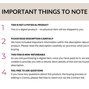 May include: A digital product information sheet with the title "IMPORTANT THINGS TO NOTE". The sheet includes four numbered points about the product, including that it is not a physical product and is non-refundable.