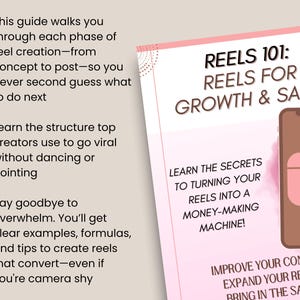 May include: A pink and brown guide titled "Reels 101: Reels for Growth & Sales." The guide promises to teach how to create reels, improve content, and expand reach. The guide includes bullet points about reel creation, structure, and formulas.