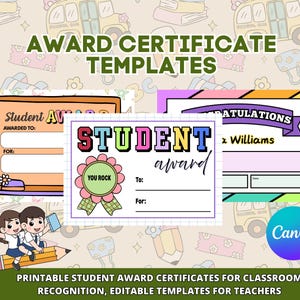 May include: Printable student award certificate templates with colorful designs. The certificates include text fields for student names and details. The image features the text "AWARD CERTIFICATE TEMPLATES" and "STUDENT award".