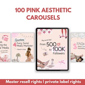 May include: A set of 100 pink aesthetic social media carousel templates. The templates feature quotes, tips for growing your social media following, and FAQs about social media marketing. The templates are designed in a pink and white colour scheme with a variety of images and graphics.