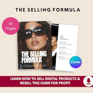 May include: A digital guide titled "The Selling Formula" with a woman wearing sunglasses on the cover. The guide includes the text "Learn How to Sell Digital Products & Resell This Guide for Profit". A pink circle indicates the guide has 40 pages.