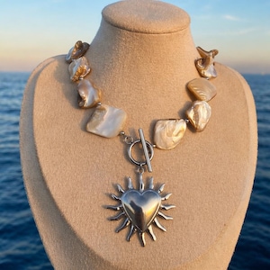 Zilveren Schelp Ketting met Hart Hanger – Statement Zomer Ketting, Coastal Boho Sieraad, Stainless Steel Bedelketting Strand Look