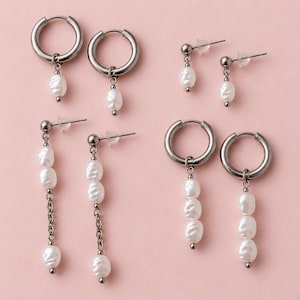 Zilverkleurige Stainless Steel Pareloorbellen – 4 Verschillende Stijlen: Hoop & Stud Oorbellen, Parel Drop Oorbellen, Ear Stacking Sieraden