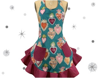 Mexican Fire Hearts Apron, Retro Women's Apron, Retro Apron with Ruffle, Turquoise Apron with Burning Hearts, Alma y Corazon, Heart Apron