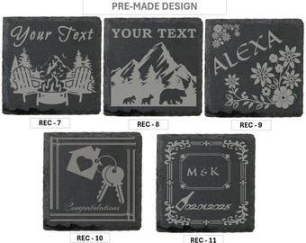 Puede incluir: Conjunto de 10 posavasos de pizarra negra con varios diseños. Los diseños incluyen una escena de montaña, una casa con un corazón, un diseño floral y un diseño de boda con el texto "M&K" y la fecha "02.01.2025".