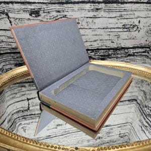 May include: An open book with a hollowed-out interior, creating a hidden compartment. The book's pages are aged, with a gray interior and a light orange cover. The book is resting on a reflective surface with a gold frame.