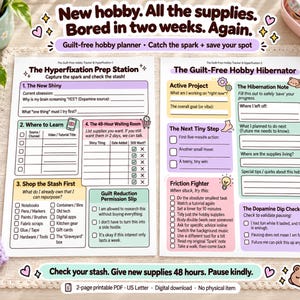 May include: A two-page printable hobby planner titled The Hyperfixation Prep Station and The Guilt-Free Hobby Hibernator. The pages feature pastel-coloured sections with checklists, prompts for tracking projects, and a Guilt Reduction Permission Slip.