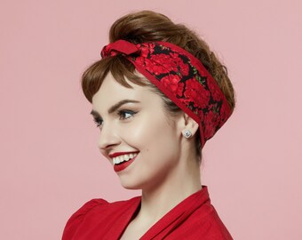 Fabric Headband with Red Flowers,  Rockabilly Headband, 50s Style Pinup Girl Head wrap, Reversible Boho Headband