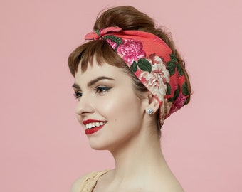 Red Floral Headband, Rockabilly Headband, 50s Style Pinup Girl Head wrap, Reversible Headband with Flowers