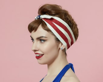 Blue Red Headband, American patriotic flag accessories, 4th of July Accessories, Rockabilly Headband with Bow, 50s Style Pinup Girl Headband