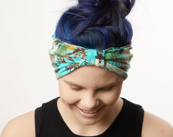 Light Blue Headband with Pineapples, Turban Fabric Headband, Summer Headband Floral, Wide Stretchy Headband, Boho Headband, Yoga Head wrap