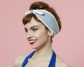 Blue Headband with Lace, Rockabilly Headband, 50s Style Pinup Girl Head wrap, 100% Cotton Reversible Headband