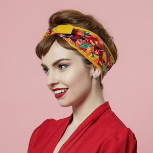 Retro Headband with Fun Print, 1950s Style Hair Scarf with Papricas, Pin-up Girl Head wrap, 100% Cotton Reversible Headband image 1