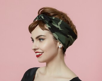 Camouflage Headband, 50s style Retro Headband, Pinup girl headband with bow, Camo Head Wrap