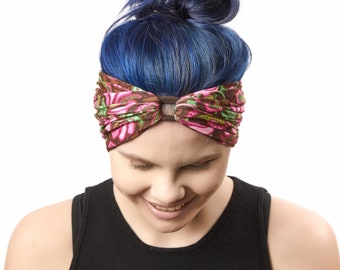 Turban Headband with Flowers, Pink Green Summer Headband, Wide Floral Headband, Boho Headband, Yoga Head wrap