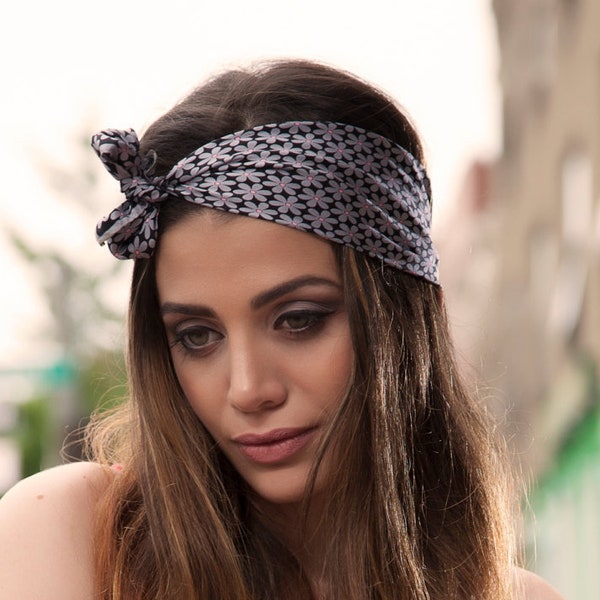 Silk Headband, Silk Head Wrap, Black Headband, Summer Headband, Boho Headband, Black and Grey Head wrap in silk, Headband with flowers