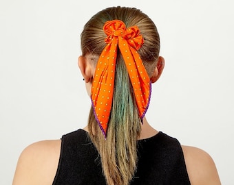 Silk scrunchie Orange, Silk Hair Tie for ponytail, VSCO Bow Scrunchie, 100% Silk Hair scarf scrunchie, Polkadot Fabric Scrunchie, Bunny ears