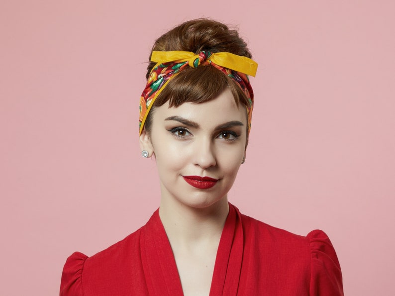 Retro Headband with Fun Print, 1950s Style Hair Scarf with Papricas, Pin-up Girl Head wrap, 100% Cotton Reversible Headband image 2