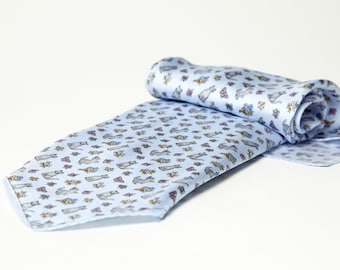 Silk Neck Scarf in Blue, Necktie in Blue with Cats, Silk Fabric Scarf Headband, Cat lover Gift