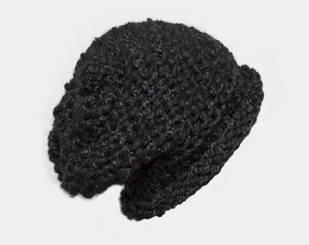 Black Knit Beanie Hat, black Wool slouchy hat, black Winter Hat, hand knit Oversized Beanie Hat, warm hat in black, volang hat handmade