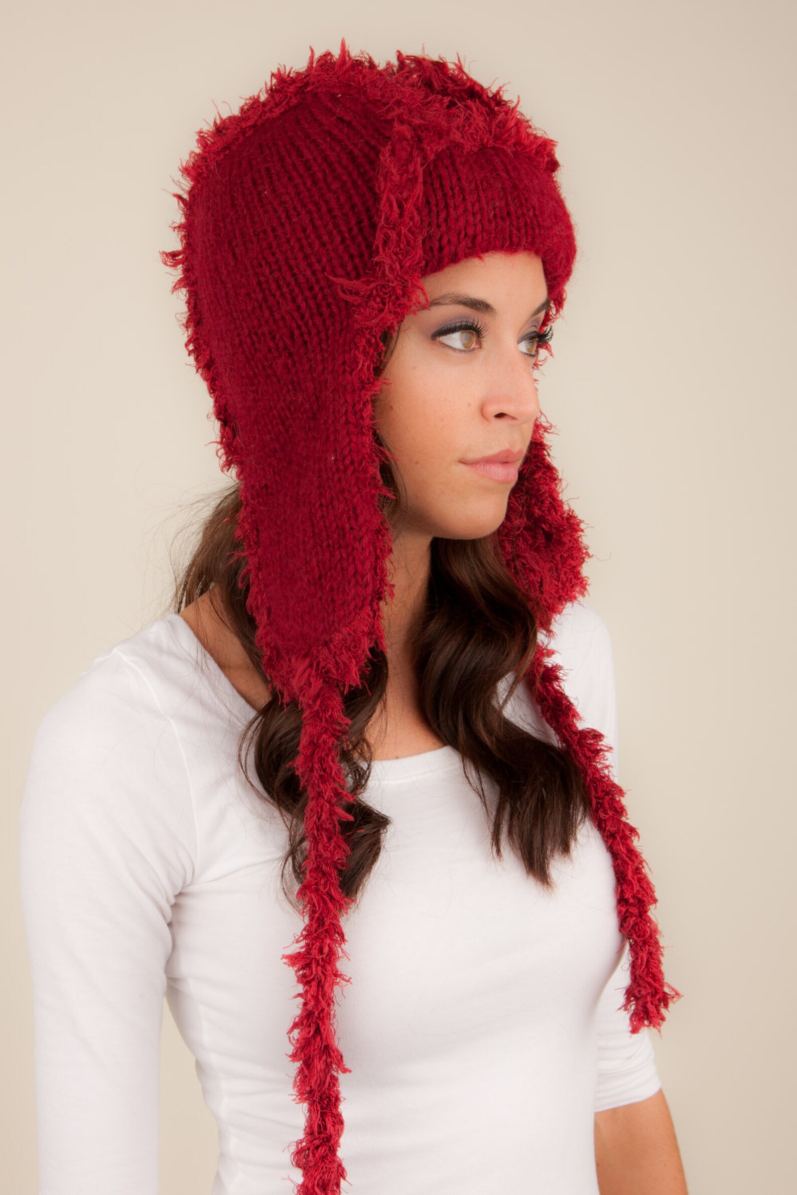 Aviator hat in red Knit Hat with lining Red winter hat Warm Etsy