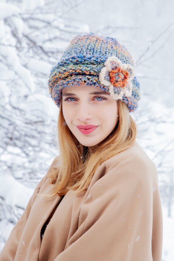 Blue Hat With Flower Blue Gold Knit Hat For Winter Flower Etsy