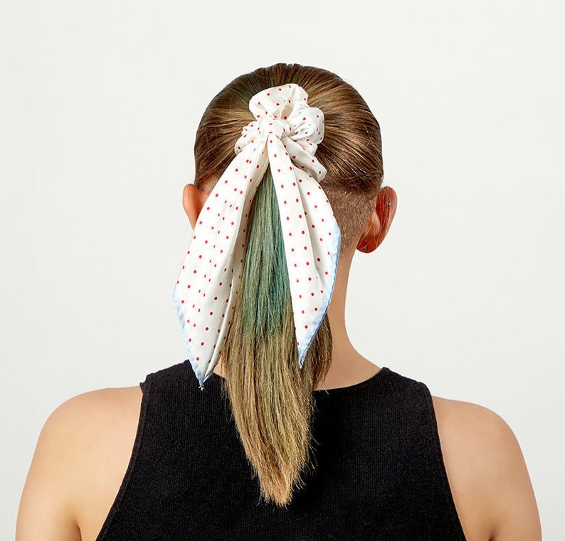 Silk scrunchie White, Silk Hair Scrunchie for ponytail, VSCO Bow Scrunchie, 100% Silk Hair Tie scarf, Polkadot Fabric Scrunchies, Bunny ears image 1