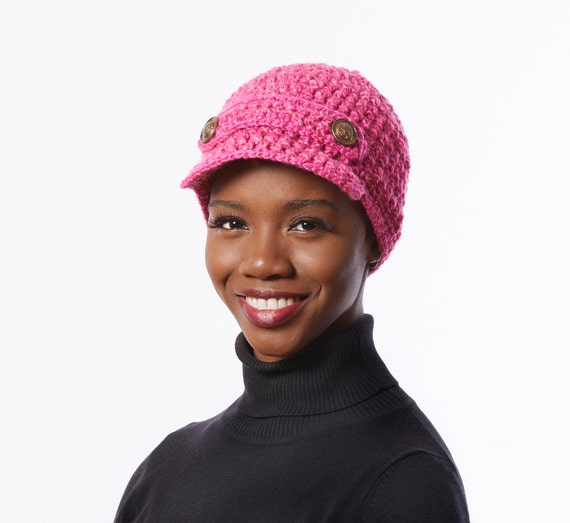 Hot Pink Wool Hat with Bill, warm hat with buttons, Pink crochet hat, Winter Hat in Hot Pink