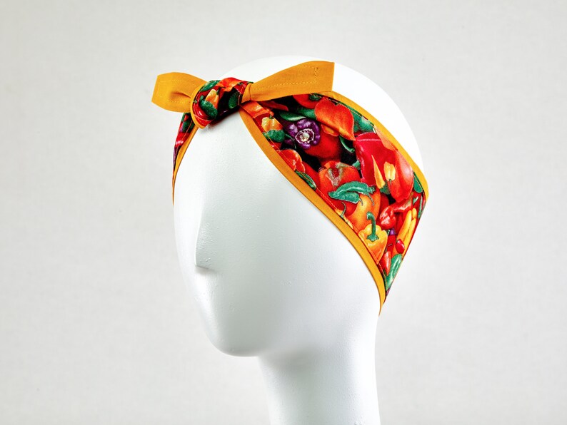 Retro Headband with Fun Print, 1950s Style Hair Scarf with Papricas, Pin-up Girl Head wrap, 100% Cotton Reversible Headband image 3