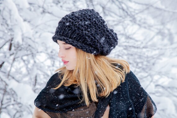 Black Knit Beanie Wool Slouchy Hat 