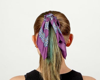 Purple Silk scrunchie, Silk Hair Tie for ponytail, VSCO Wrist Scrunchie, 100% Silk Hair Scarf, Silk Fabric Scrunchie with Bunny Ears