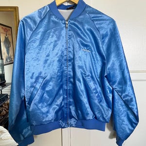 vintage 80’s baby blue satin bomber jacket Sz M