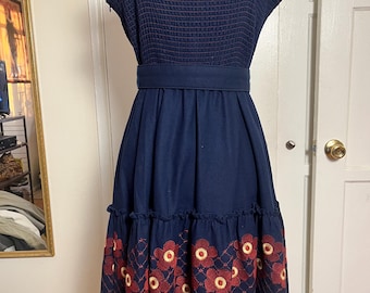 Vestido vintage de lana floral de Betsey Johnson, años 90, azul marino, talla 4