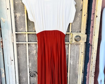 Vestido tipo pantalón culotte Sheri Martin vintage de los 80, color coral y crema, talla XS