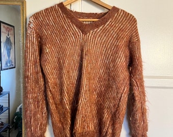 Suéter vintage de los años 60 con cuello en V de mohair, estilo grunge, estilo garage rock y color naranja
