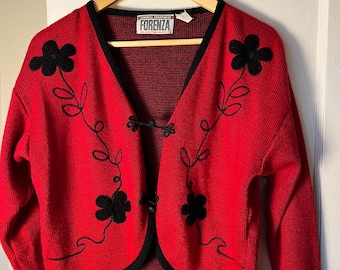 Cárdigan vintage de punto chino de los años 80 - Italiano, corto, estampado floral rojo, talla M