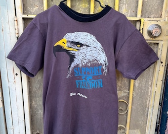 Vintage 1991 Support Our Troops American Eagle Ringer Patriotic Biker Tee