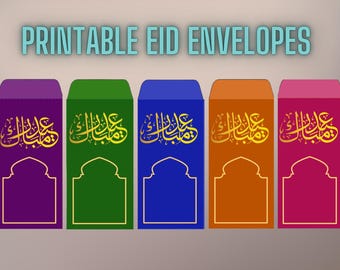 May include: Five printable Eid envelopes in different colors: purple, green, blue, orange, and pink. Each envelope features a gold Arabic calligraphy design and a gold archway.