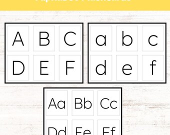 May include: Alphabet flashcards featuring uppercase and lowercase letters A through F. The cards are white with black text, arranged in a grid format. The text "Alphabet Flashcards" is at the top in yellow.