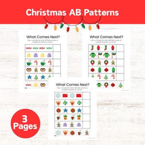 May include: Three pages of Christmas-themed AB pattern worksheets. The worksheets feature colorful illustrations of holiday items like candy canes, ornaments, and gingerbread men. The title "Christmas AB Patterns" is displayed at the top.