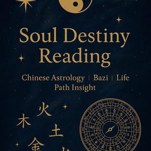 Op de afbeelding: Een donkerblauwe afbeelding met gouden tekst en symbolen. De tekst luidt "Soul Destiny Reading" en "Chinese Astrology | Bazi | Life Path Insight". Een yin-yang symbool en een kompasachtig ontwerp zijn ook aanwezig.