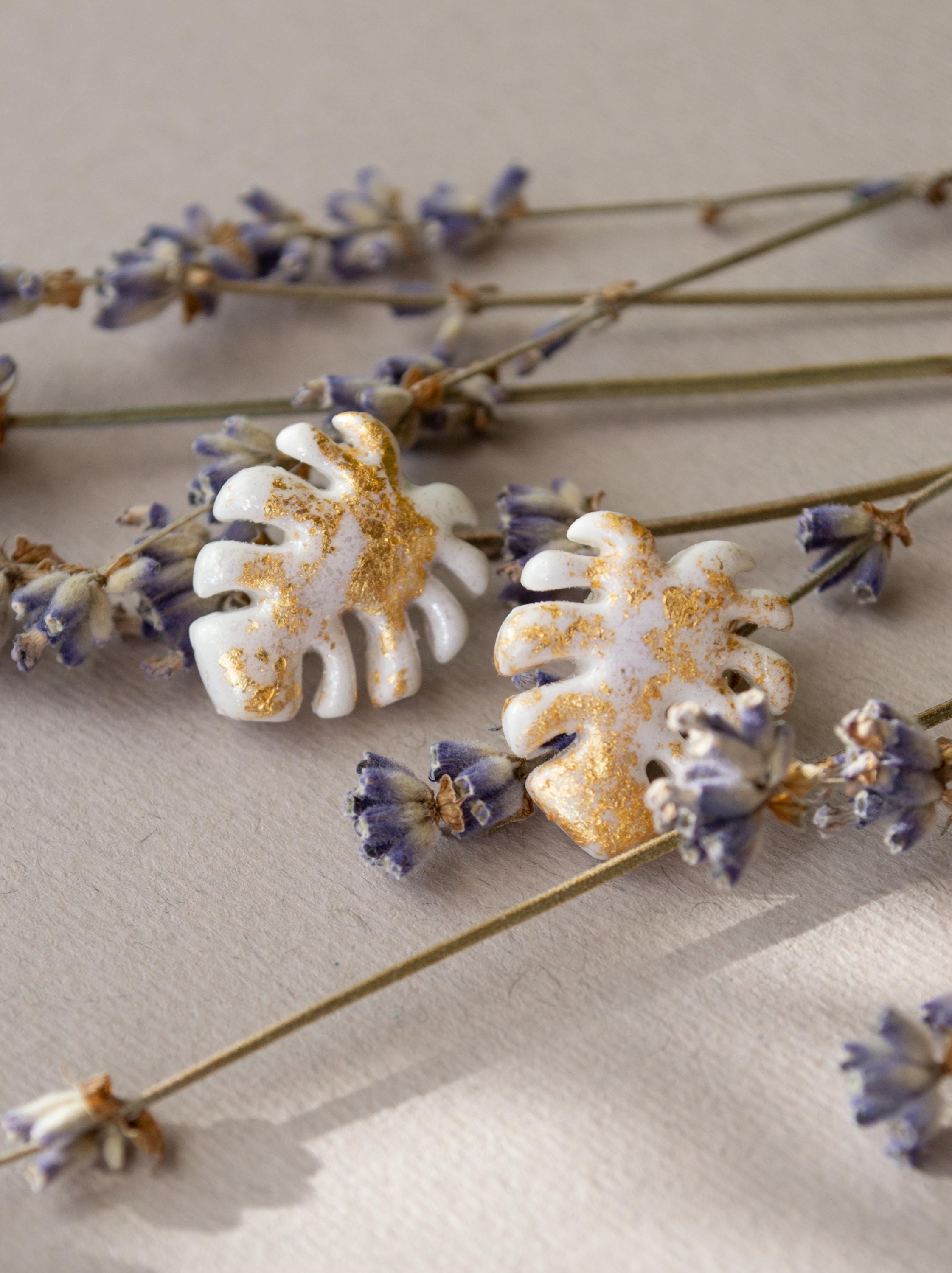 White Monstera Leaves Stud Earrings with Gold Foil – Polymer Clay Earrings, Gold Stainless Steel Studs, Handmade Gift for Her