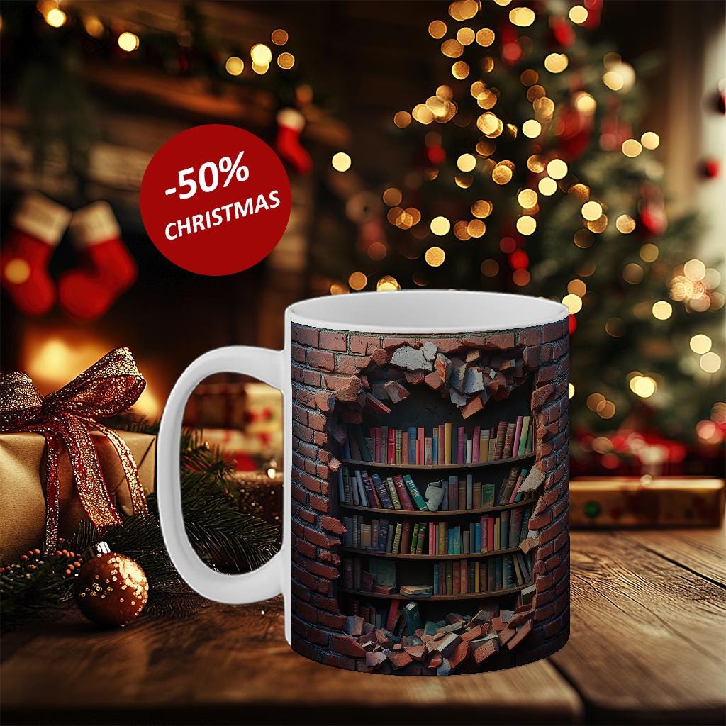 Brick & Books, BiblioBrick Haven, 3D Effect, 3D Mug, Coffee Cup, Library Bricks Design, 11oz, Broken Effect, Book Lovers, Coffee Mugs