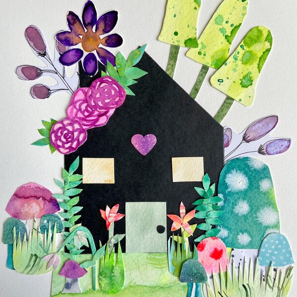 Cottage of Flora, Fauna and Happiness est un collage de papier de techniques mixtes sur un tableau d’art Canson 8x10.
