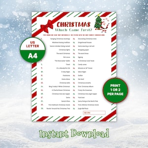 Printable Which Came First? Christmas trivia game with 40 Christmas-related quiz questions. Christmas Which Came First? game card on a snow-covered winter background. Available in US Letter, 5x7, A4 and A5 sizes. Print 1 or 2 per page. Instant Download. 
Christmas Which Came First? game cards with and a red, white and green candy cane style border pattern placed on a snow-covered winter background, surrounded by falling snowflakes.