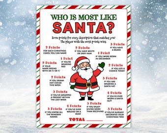 May include: A Christmas-themed game board titled "Who is Most Like Santa?" features a cartoon Santa Claus illustration. The board includes a point system for various festive characteristics, with a red and white striped border.
